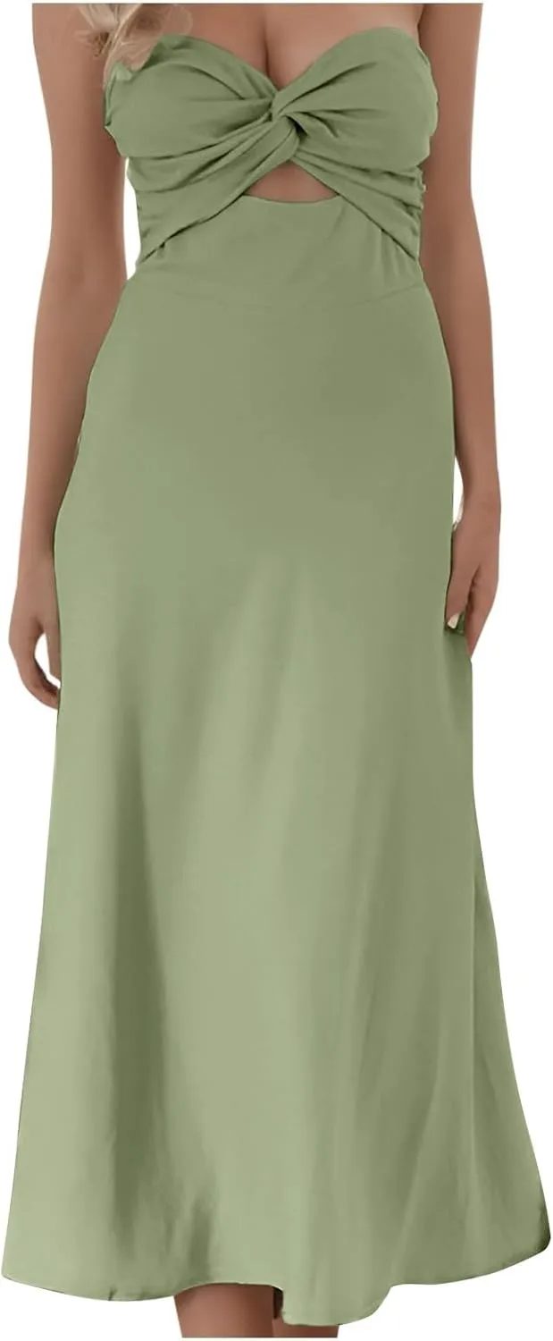 Sexy Front Strapless Sweetheart Neckline Midi Dresses for Women Smocked Cutout Tube Linen Dress Summer Dress Knee