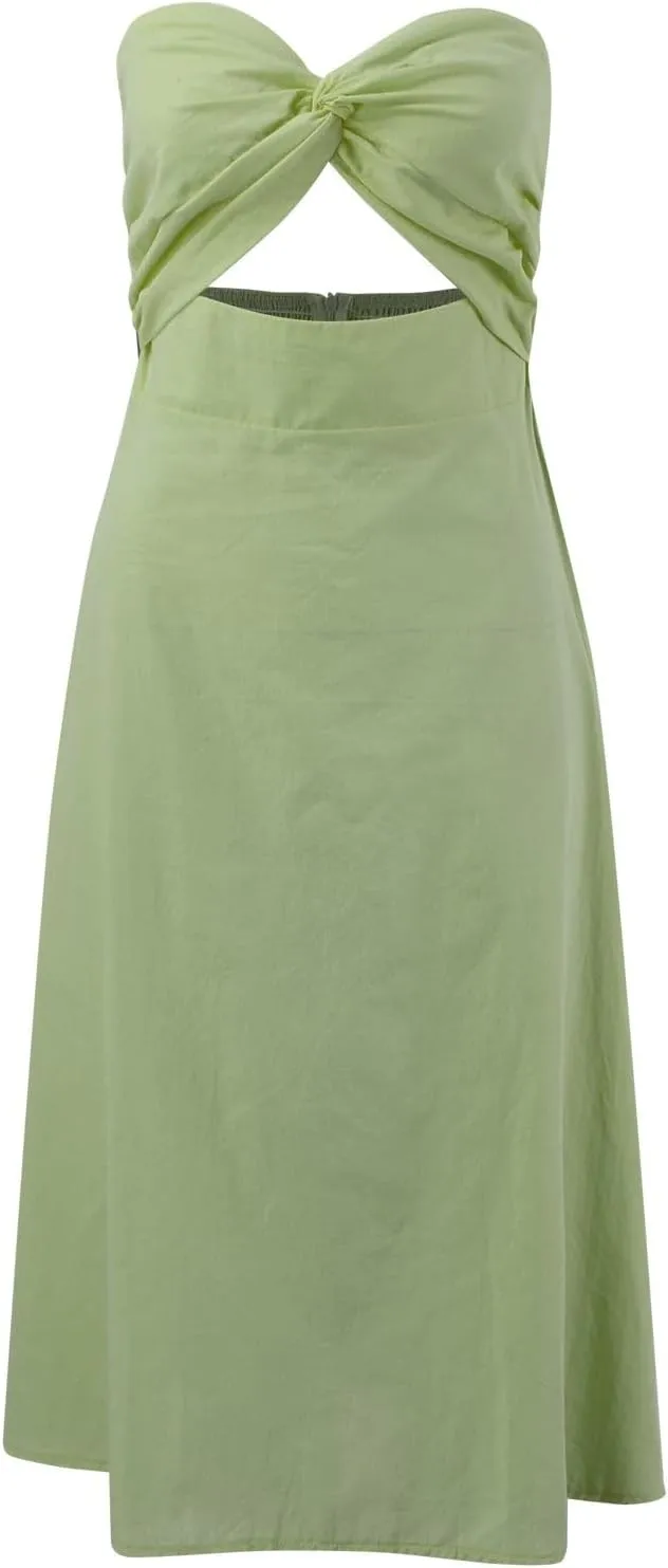 Sexy Front Strapless Sweetheart Neckline Midi Dresses for Women Smocked Cutout Tube Linen Dress Summer Dress Knee
