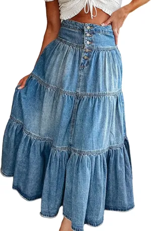 Seyumixi Women Tiered Denim Maxi Skirt Button Ruffle Flowy Jean Long Skirt High Waist A Line Jeans Midi Skirt