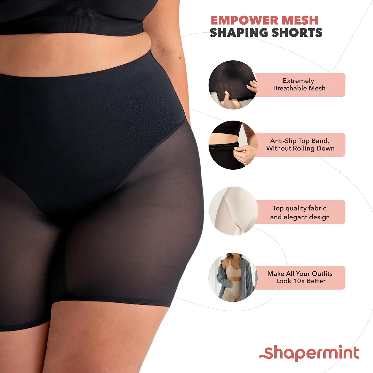 SHAPERMINT Compression Shorts - High Waisted Women Mesh Body Shaper Shorts - Under Dress Shapewear Shorts, No Chub Rub