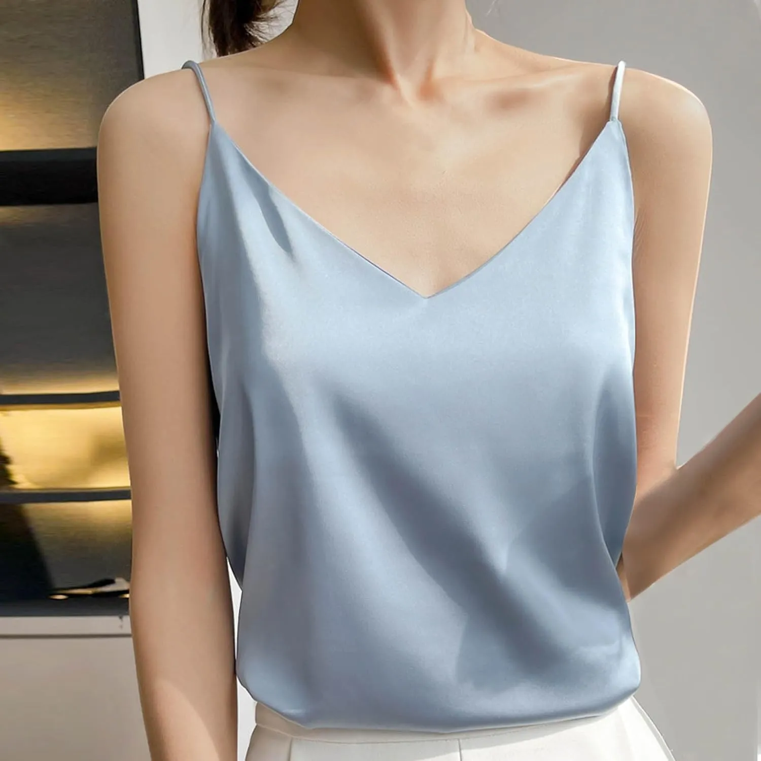 Silk Satin Tank Tops for Women V Neck Camisole Sleeveless Cami Tops Spaghetti Strap Dressy Casual Blouses Basic Tee