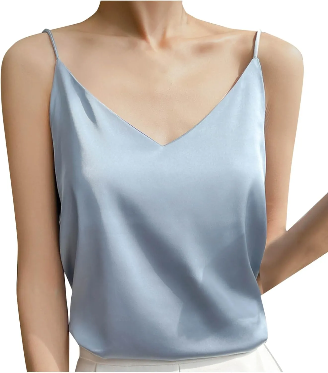 Silk Satin Tank Tops for Women V Neck Camisole Sleeveless Cami Tops Spaghetti Strap Dressy Casual Blouses Basic Tee