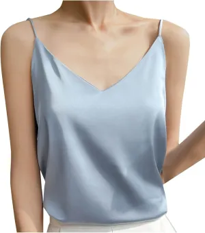 Silk Satin Tank Tops for Women V Neck Camisole Sleeveless Cami Tops Spaghetti Strap Dressy Casual Blouses Basic Tee