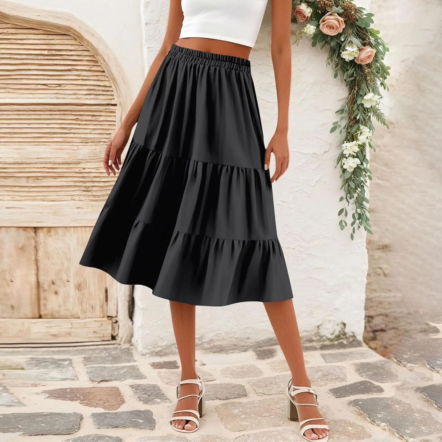 Skirts for Women Midi Length Boho Beach Vacation Flowy Floral Skirt Summer Casual Comfy High Waisted A Line Skirt