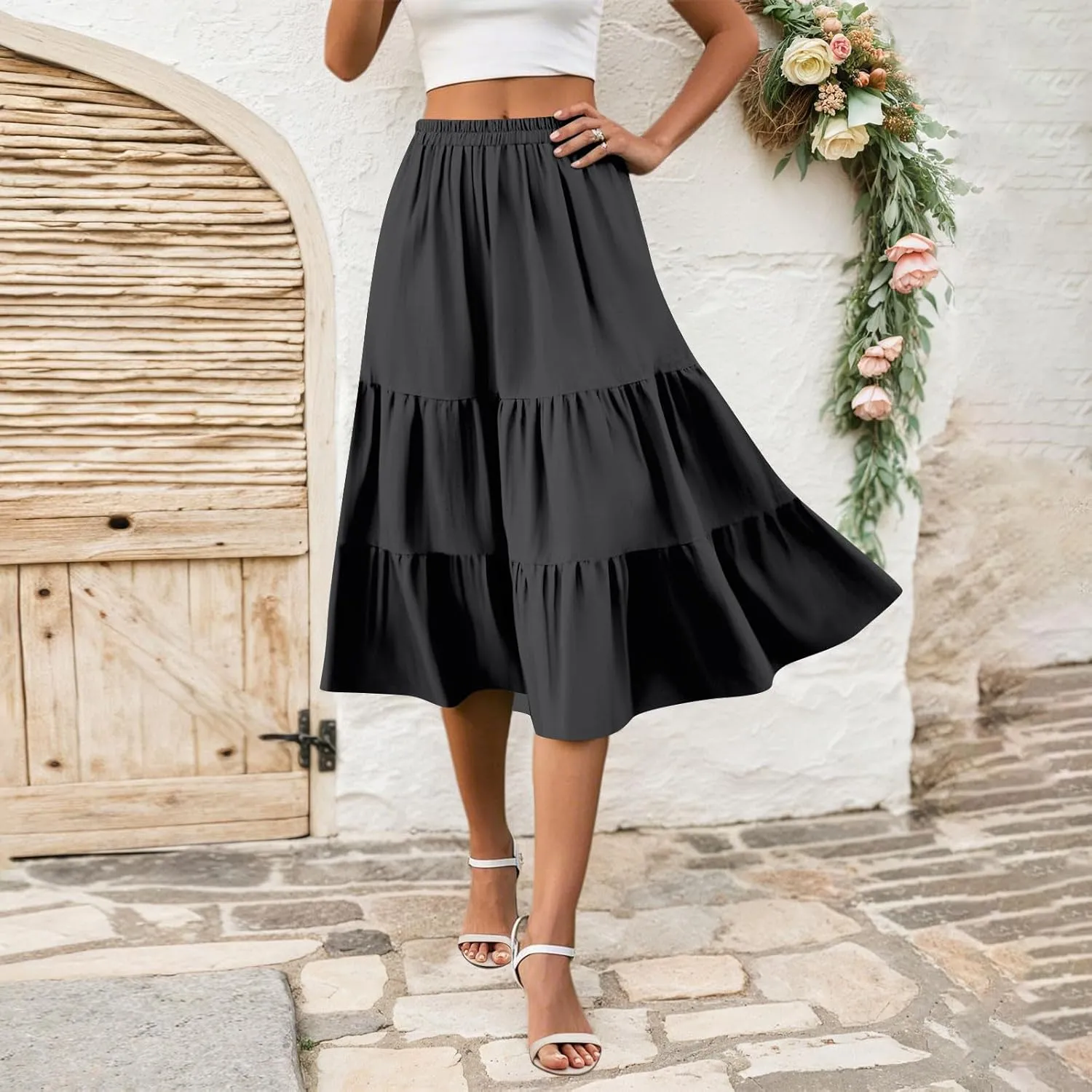 Skirts for Women Midi Length Boho Beach Vacation Flowy Floral Skirt Summer Casual Comfy High Waisted A Line Skirt