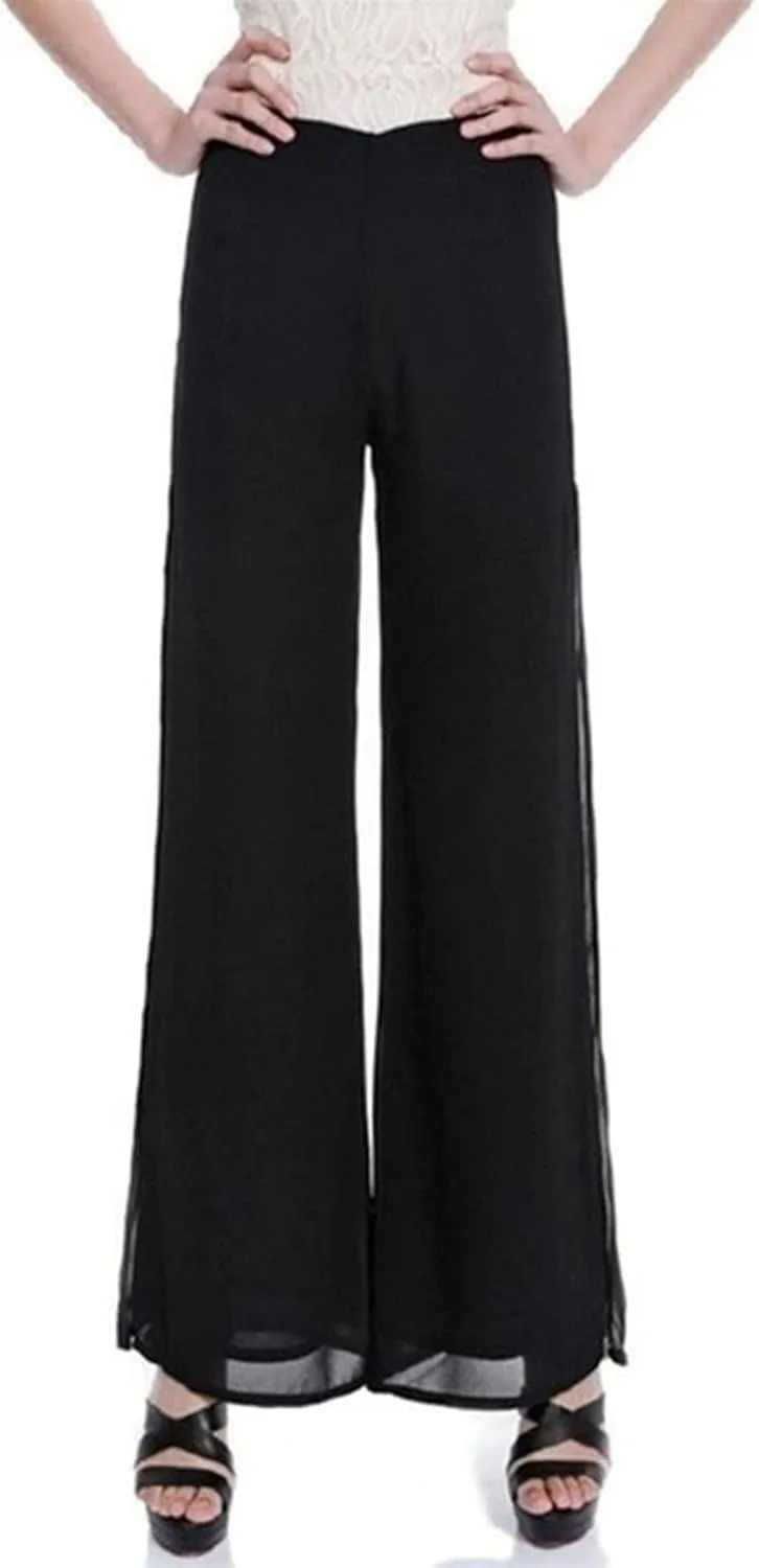 SOMTHRON Women's Wide Leg Chiffon Dress Pant High Waist Flared Palazzo Flowy Layered Boho Long Trousers