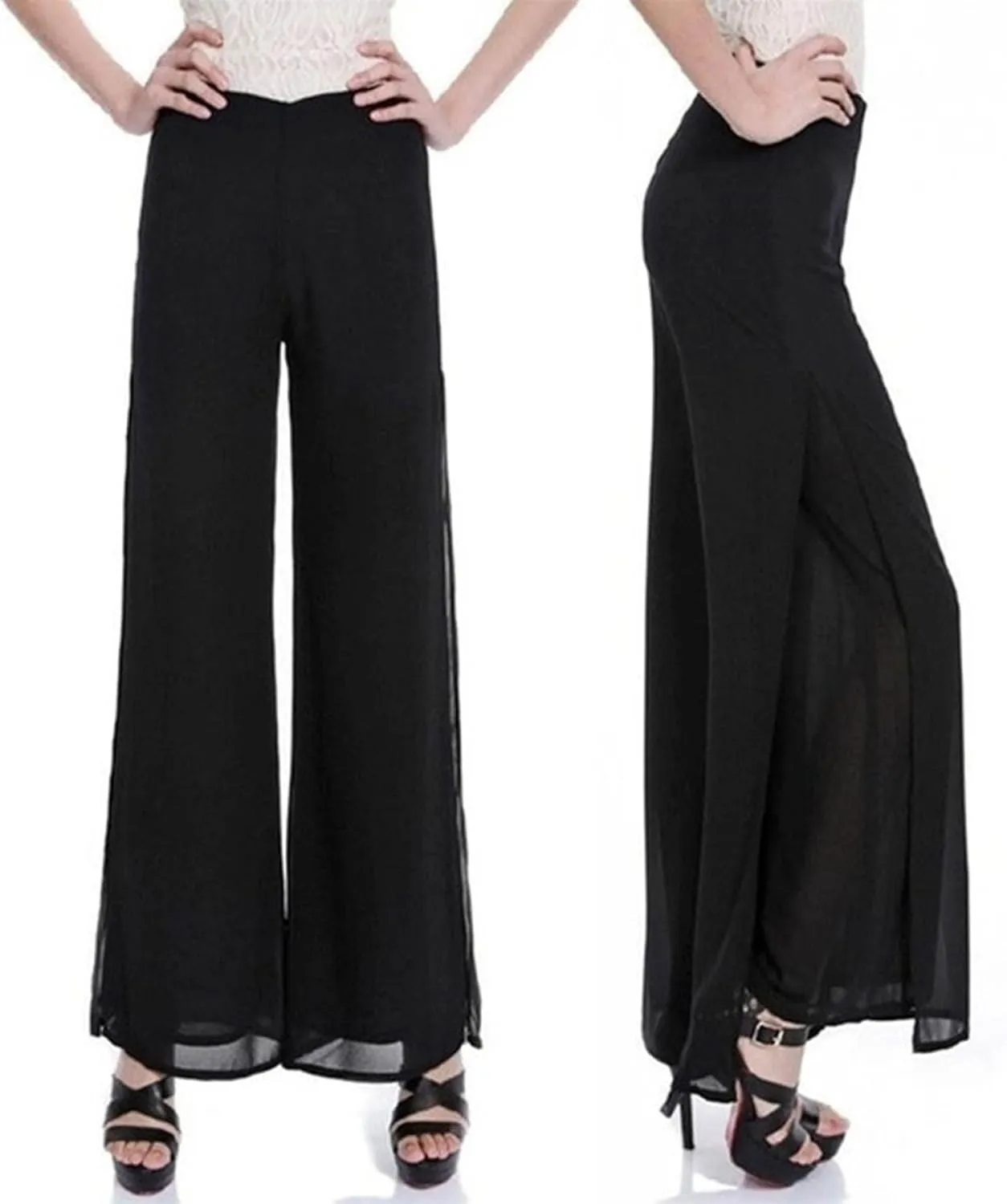 SOMTHRON Women's Wide Leg Chiffon Dress Pant High Waist Flared Palazzo Flowy Layered Boho Long Trousers