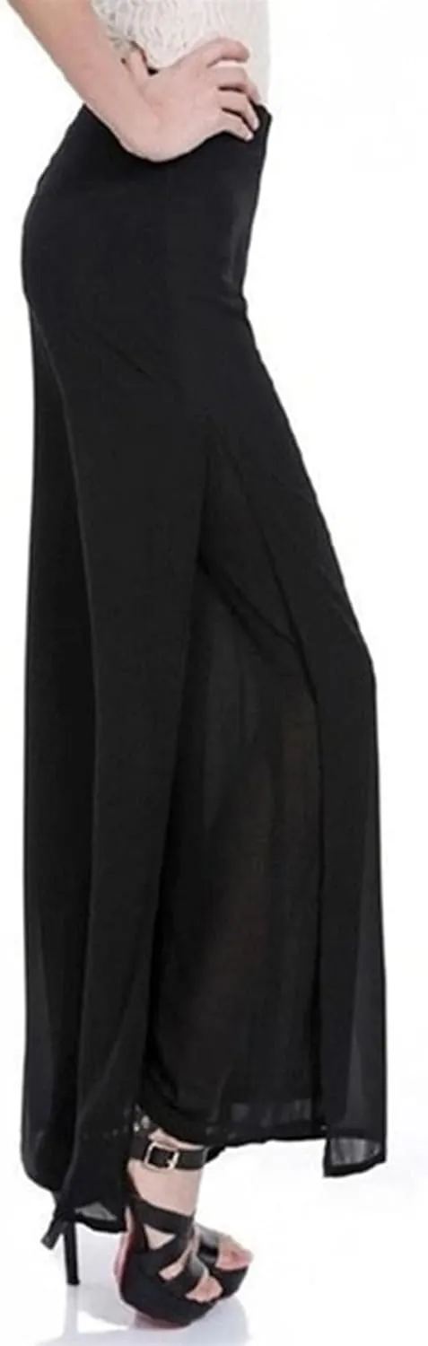 SOMTHRON Women's Wide Leg Chiffon Dress Pant High Waist Flared Palazzo Flowy Layered Boho Long Trousers
