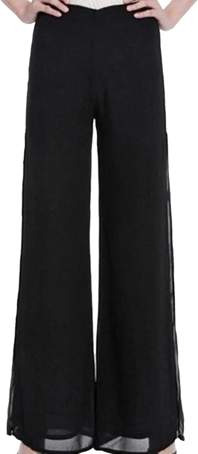 SOMTHRON Women's Wide Leg Chiffon Dress Pant High Waist Flared Palazzo Flowy Layered Boho Long Trousers