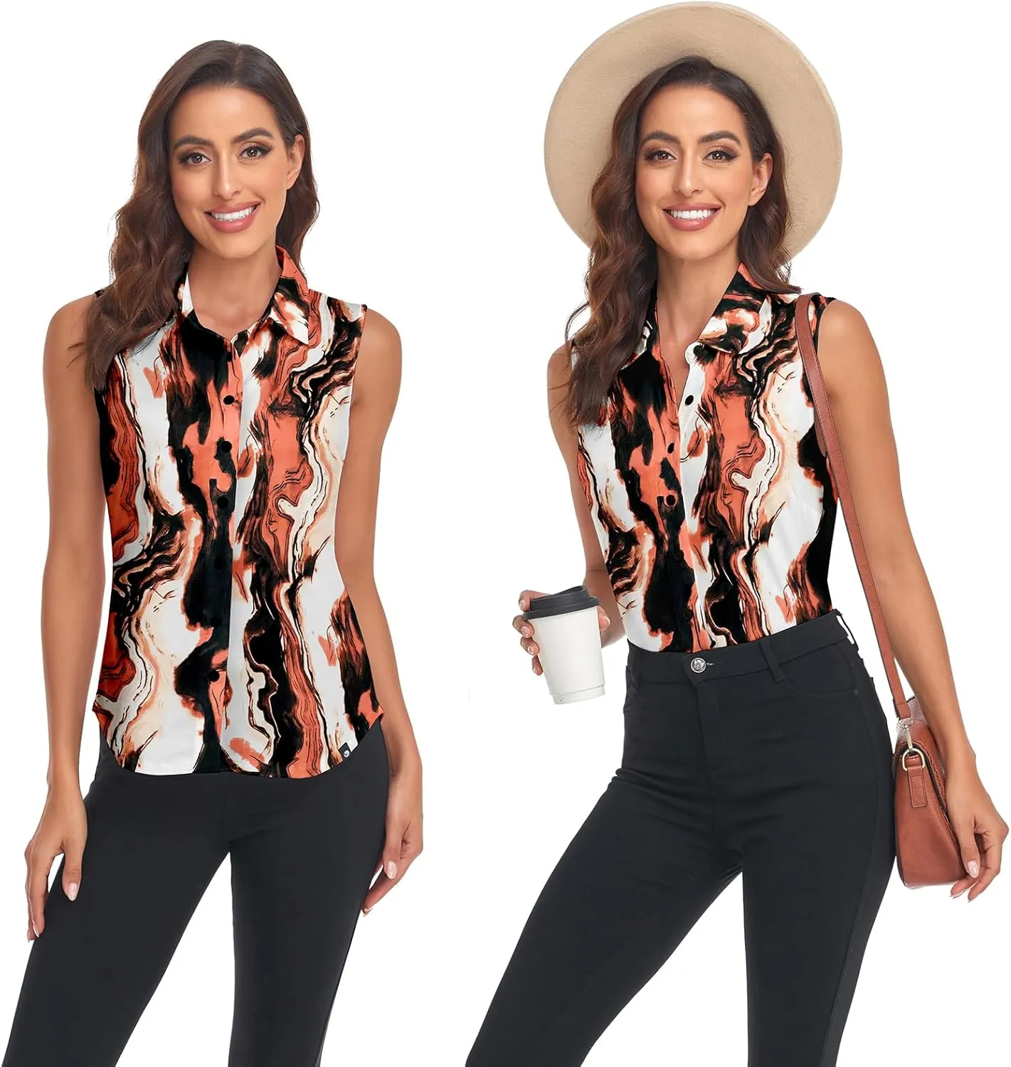 Soneven Womens Sleeveless Button Down Shirts Printed Golf Polo Shirts Business Casual Work Blouse Tops