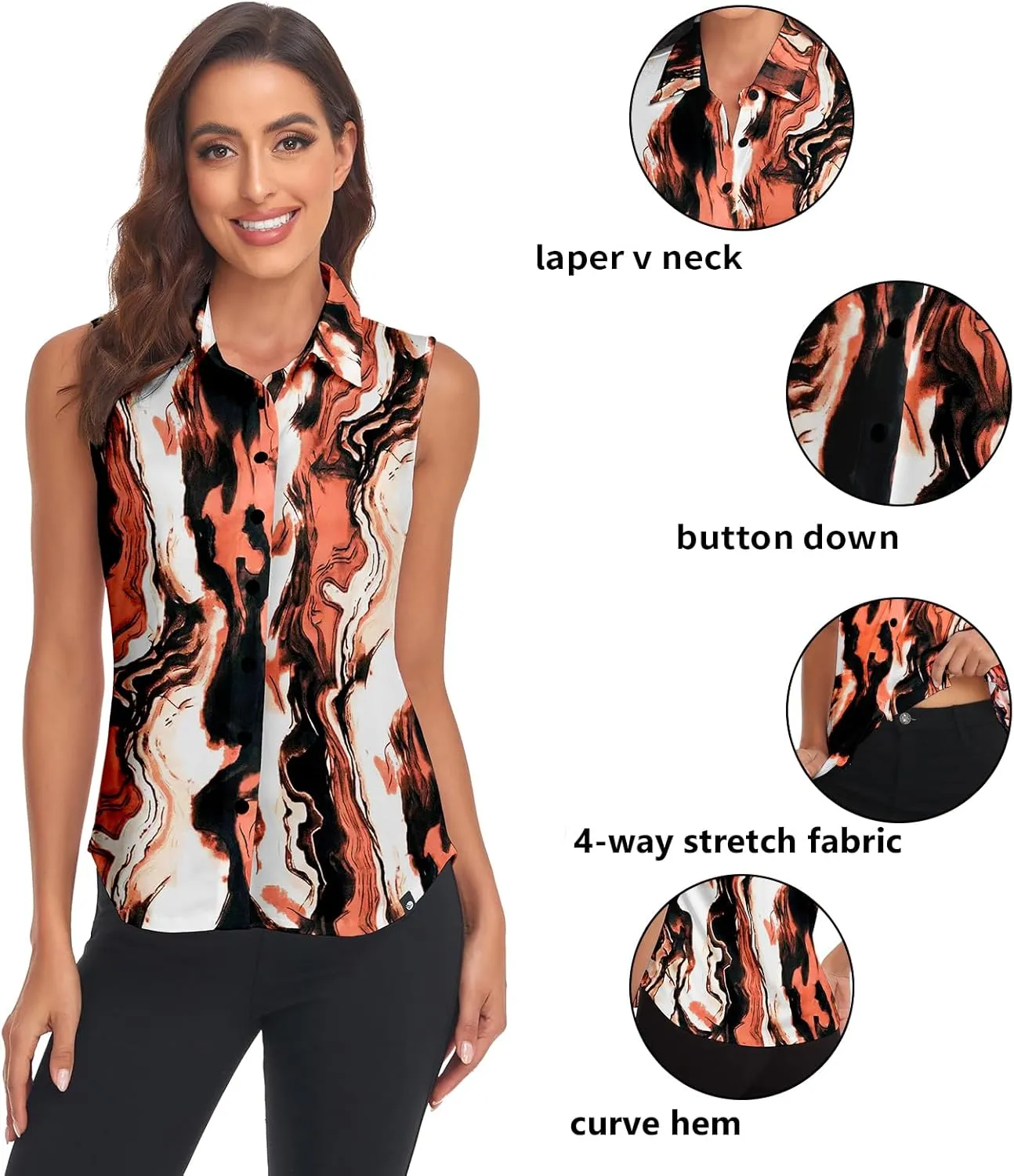Soneven Womens Sleeveless Button Down Shirts Printed Golf Polo Shirts Business Casual Work Blouse Tops