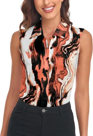 Soneven Womens Sleeveless Button Down Shirts Printed Golf Polo Shirts Business Casual Work Blouse Tops