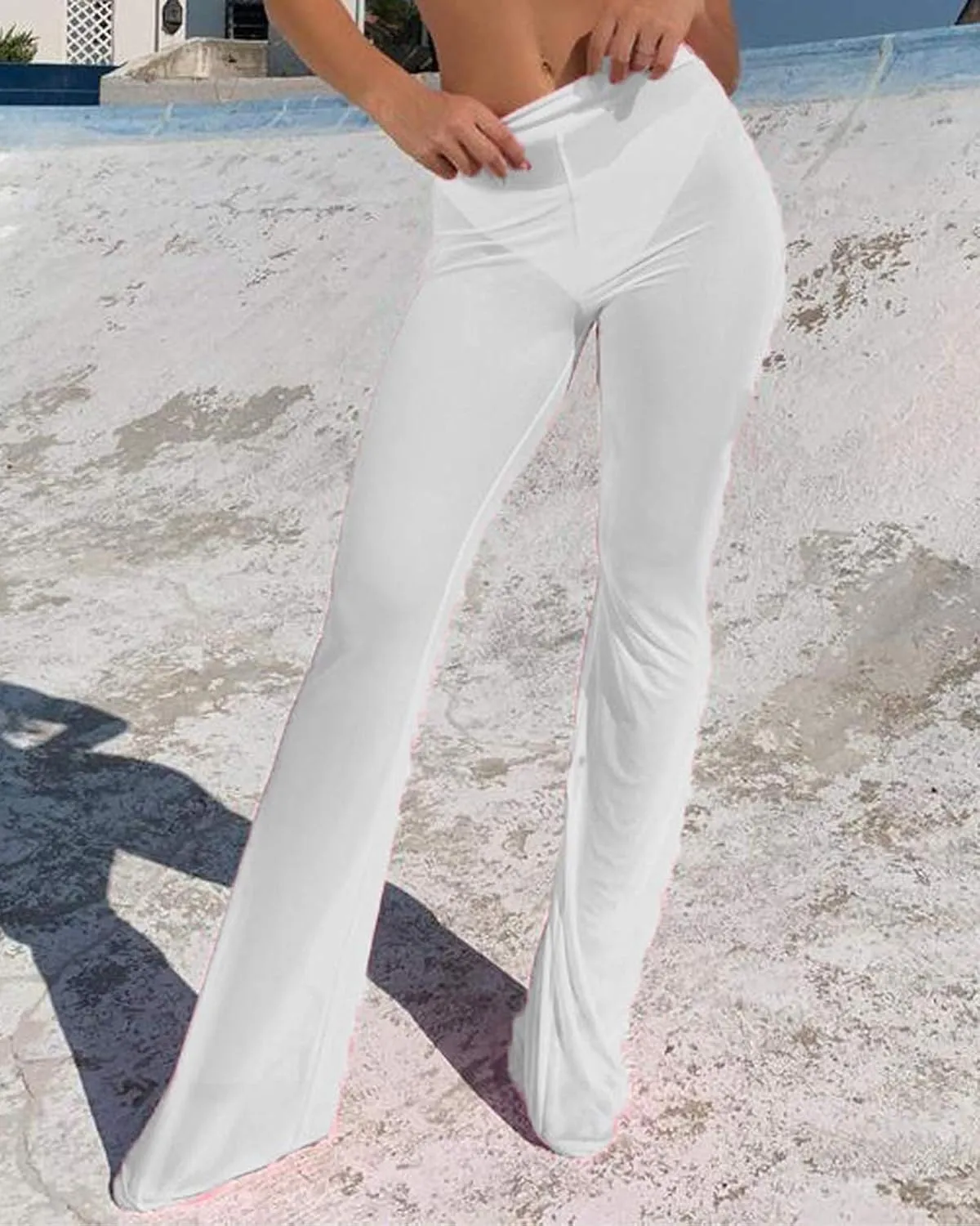 Springcmy Women Ruffle Sheer Mesh Pants See Through Bikini Bottom Swimsuit Cover up Wide Leg Beach Pants