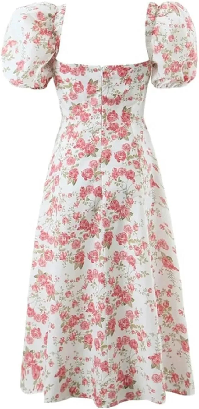 Square Collar Chest Pleated lace-up Retro Dress for Women in Spring and Summer Printed high-Waisted Puff-Sleeved Long Skirt-White Floral Floral-L