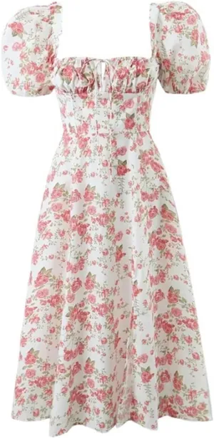 Square Collar Chest Pleated lace-up Retro Dress for Women in Spring and Summer Printed high-Waisted Puff-Sleeved Long Skirt-White Floral Floral-L
