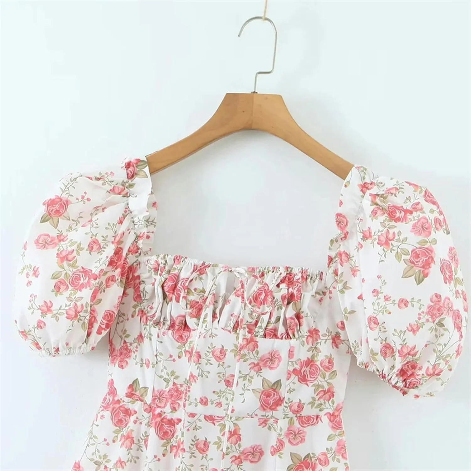 Square Collar Chest Pleated lace-up Retro Dress for Women in Spring and Summer Printed high-Waisted Puff-Sleeved Long Skirt-White Floral Floral-L