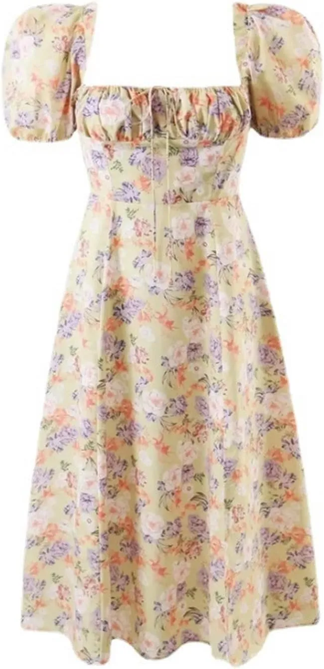 Square Collar Chest Pleated lace-up Retro Dress for Women in Spring and Summer Printed high-Waisted Puff-Sleeved Long Skirt-White Floral Floral-L