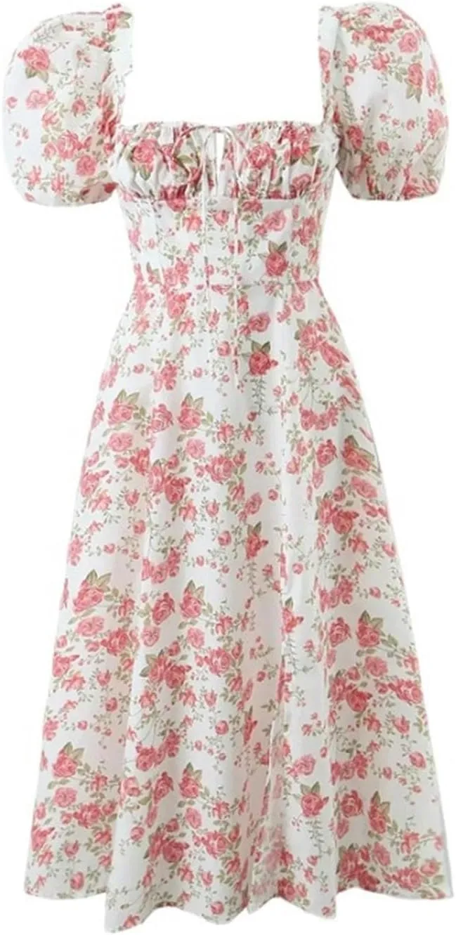 Square Collar Chest Pleated lace-up Retro Dress for Women in Spring and Summer Printed high-Waisted Puff-Sleeved Long Skirt-White Floral Floral-L