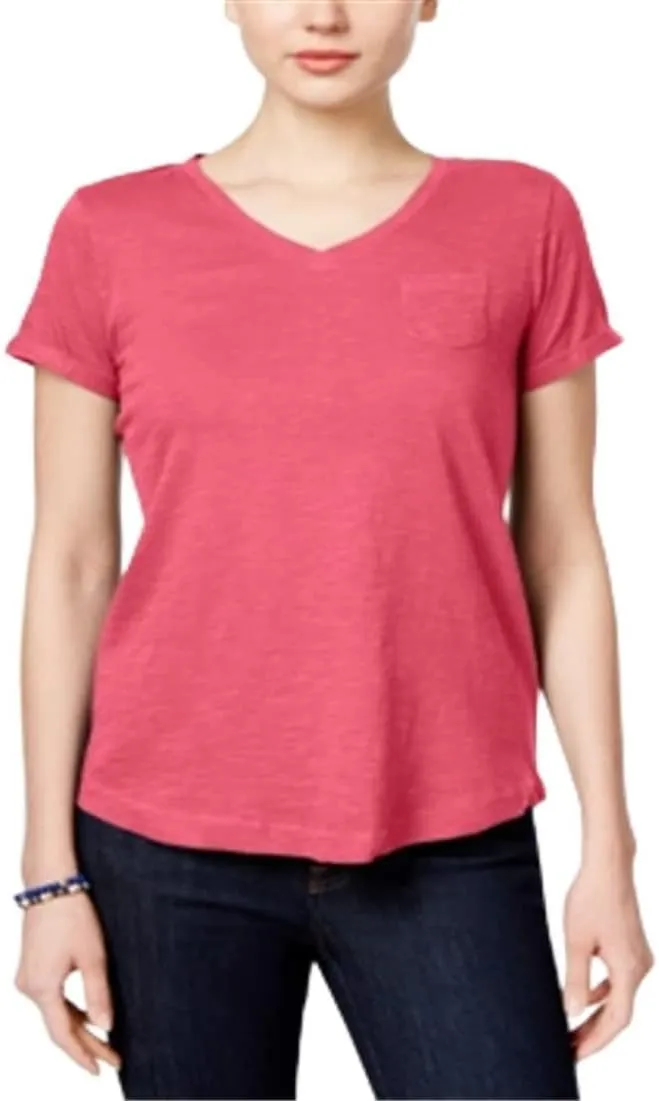 Style & Co. Women's V Neck Pocket T-Shirt -Pink Size Petite L