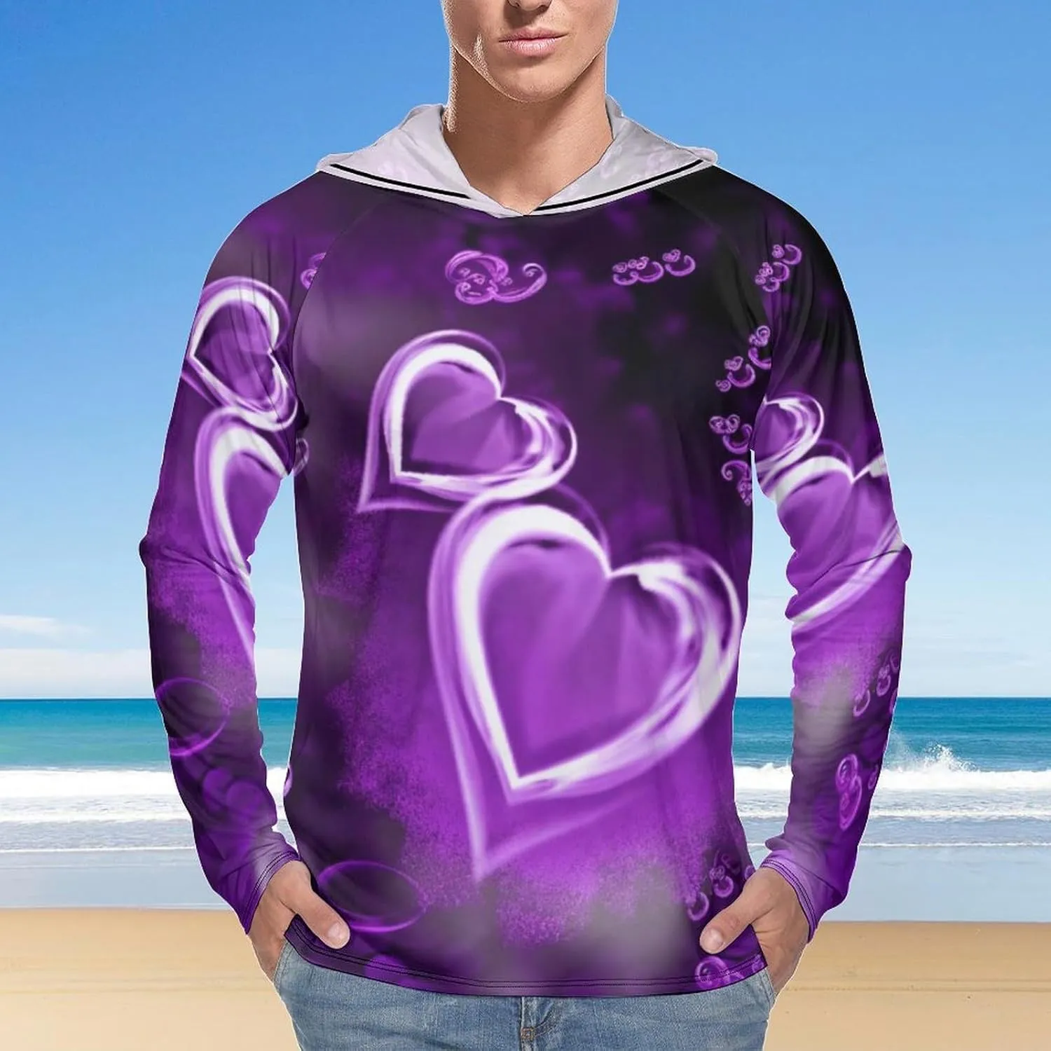 Sun Protection Shirt Long Sleeve Hoodie Purple Love Lightweight Rash Guard Quick Dry Sun Shirt for Outdoor