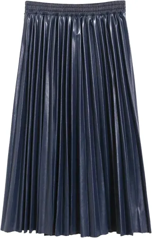 SUNFURA Women's Winter Faux Leather Elastic Waist Swing Flare Pleated Skirt