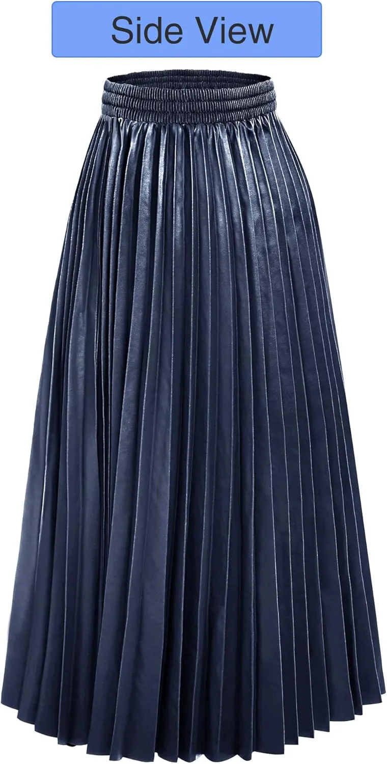 SUNFURA Women's Winter Faux Leather Elastic Waist Swing Flare Pleated Skirt