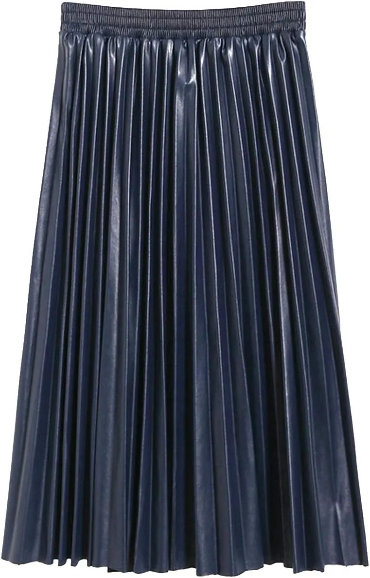SUNFURA Women's Winter Faux Leather Elastic Waist Swing Flare Pleated Skirt