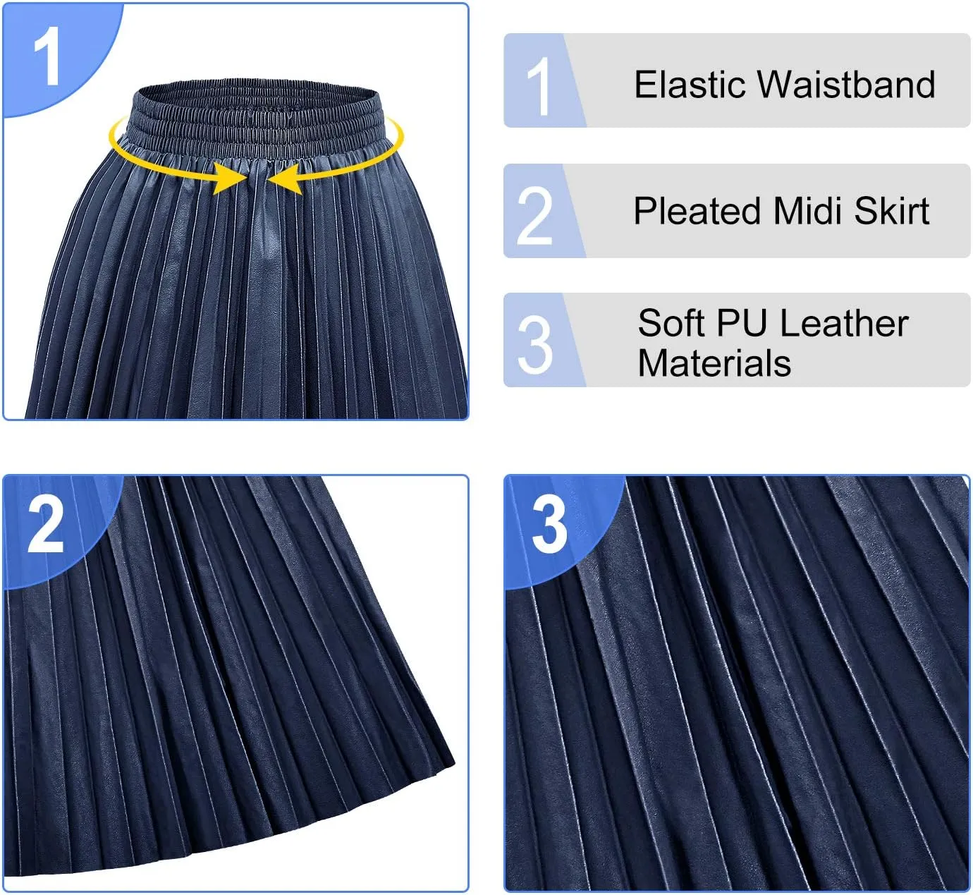 SUNFURA Women's Winter Faux Leather Elastic Waist Swing Flare Pleated Skirt