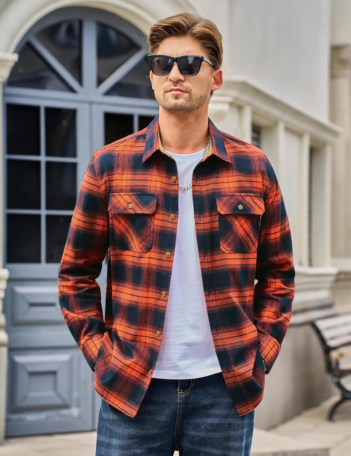 TACVASEN Men's Flannel Shirts Cotton Plaid Shirt Long Sleeve Button Up Shirt Jackets with 2 Chest Pockets
