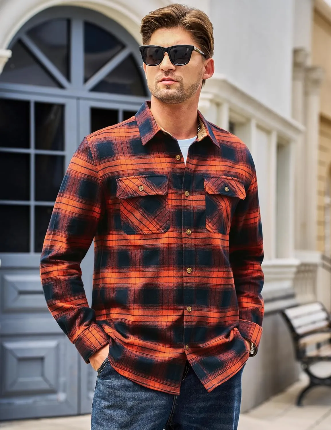 TACVASEN Men's Flannel Shirts Cotton Plaid Shirt Long Sleeve Button Up Shirt Jackets with 2 Chest Pockets
