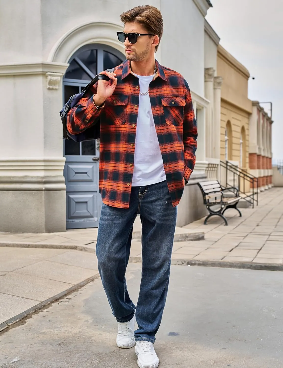 TACVASEN Men's Flannel Shirts Cotton Plaid Shirt Long Sleeve Button Up Shirt Jackets with 2 Chest Pockets