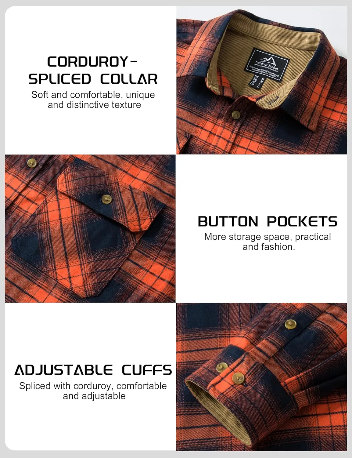 TACVASEN Men's Flannel Shirts Cotton Plaid Shirt Long Sleeve Button Up Shirt Jackets with 2 Chest Pockets