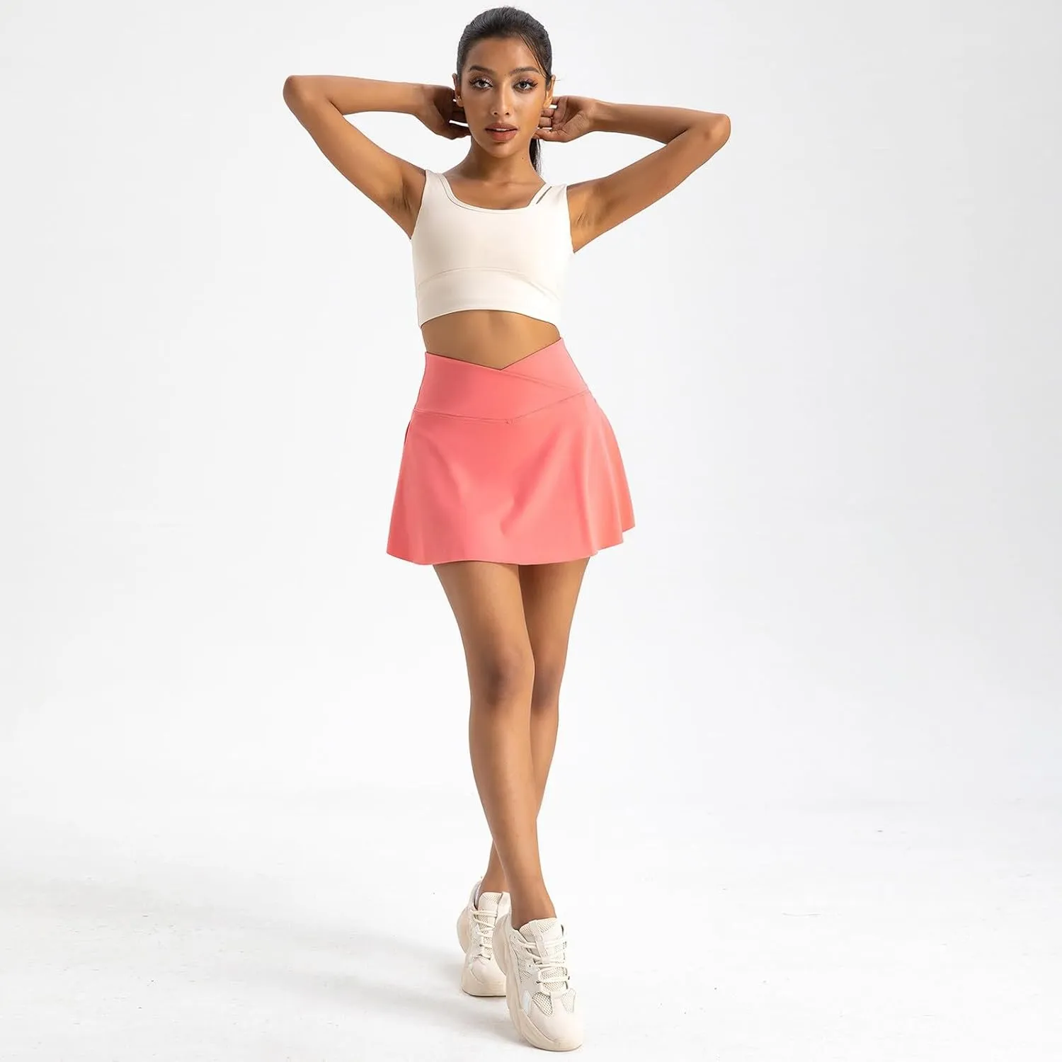 Tennis Skirts for Women with Shorts V Cross High Waisted Tummy Control Golf Skirt Gym Workout Skorts with Pockets