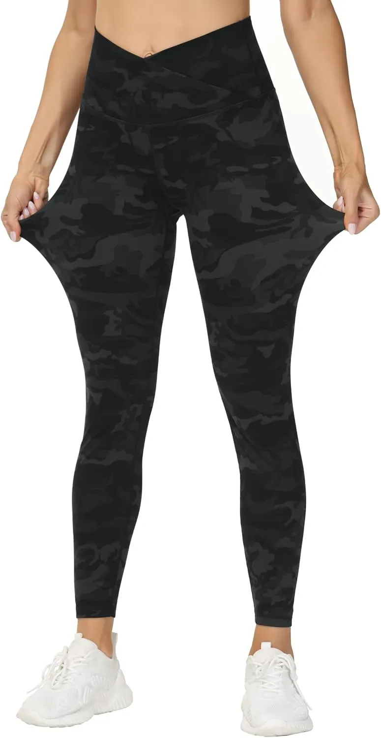 THE GYM PEOPLE Womens' V Cross Waist Yoga Leggings with High Waisted Tummy Control