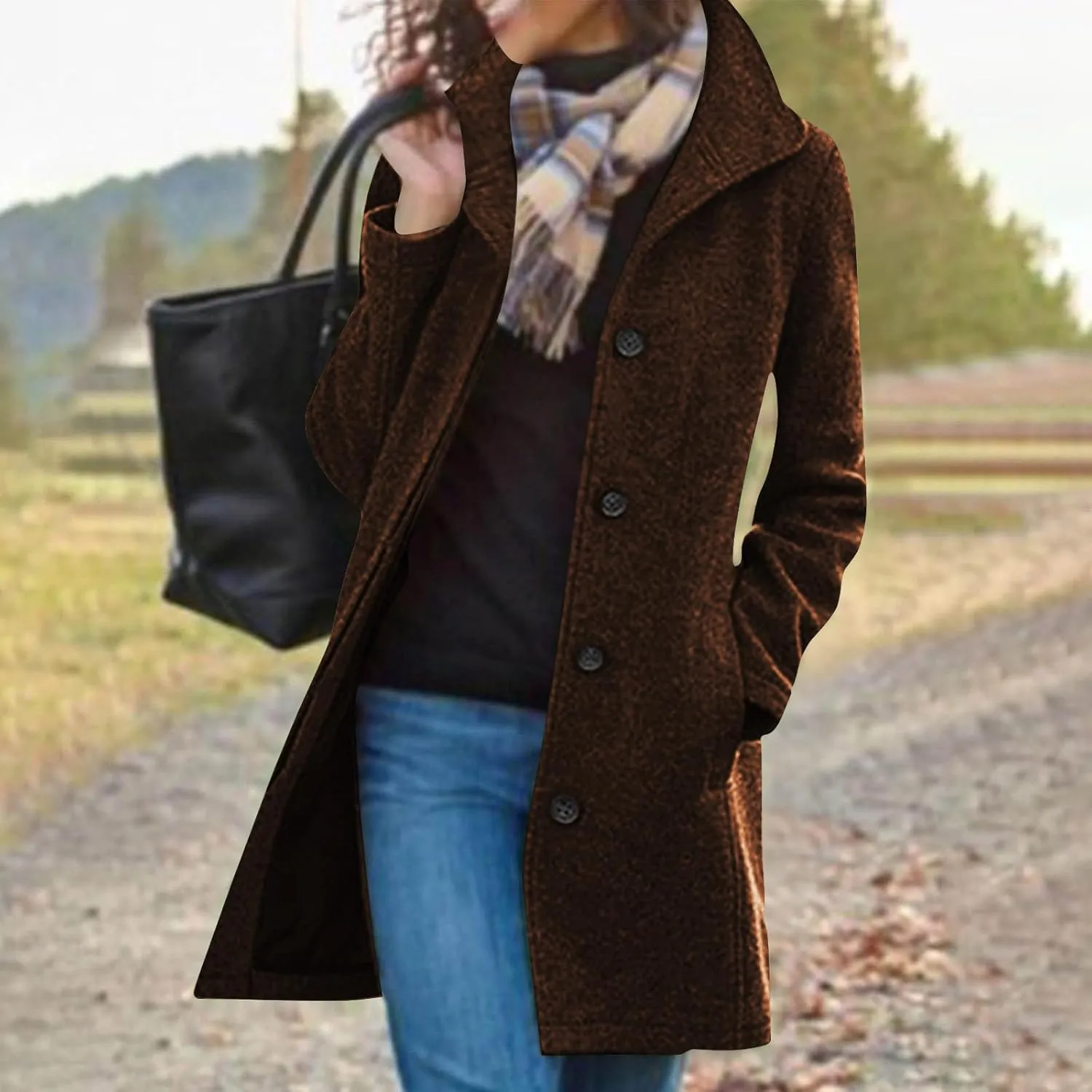 Trench Coat for Women 2024 Casual Lapel Single Breasted Pea Coat Trendy Winter Warm Wool Coats Mid-Long Overcoat