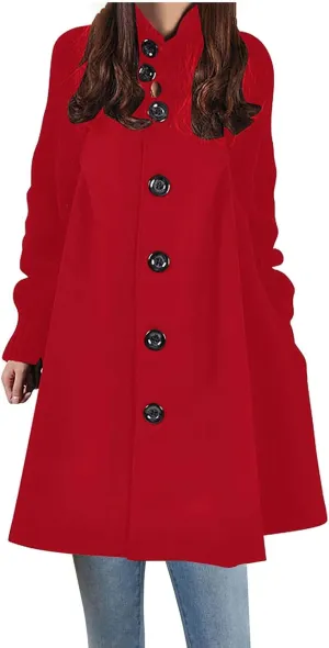 Trench Coat For Women 2024 Mid Length Fashion Button Down Long Sleeve Loose Pea Coat Solid Color Casual Winter Coat