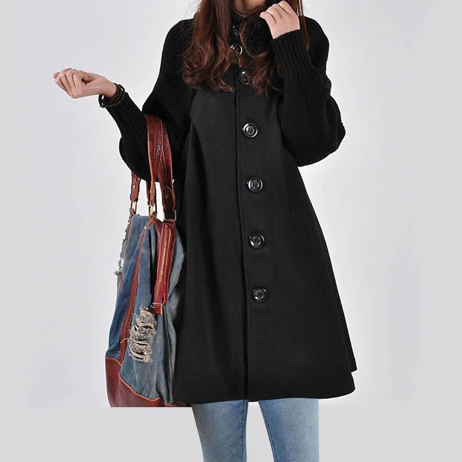 Trench Coat For Women 2024 Mid Length Fashion Button Down Long Sleeve Loose Pea Coat Solid Color Casual Winter Coat
