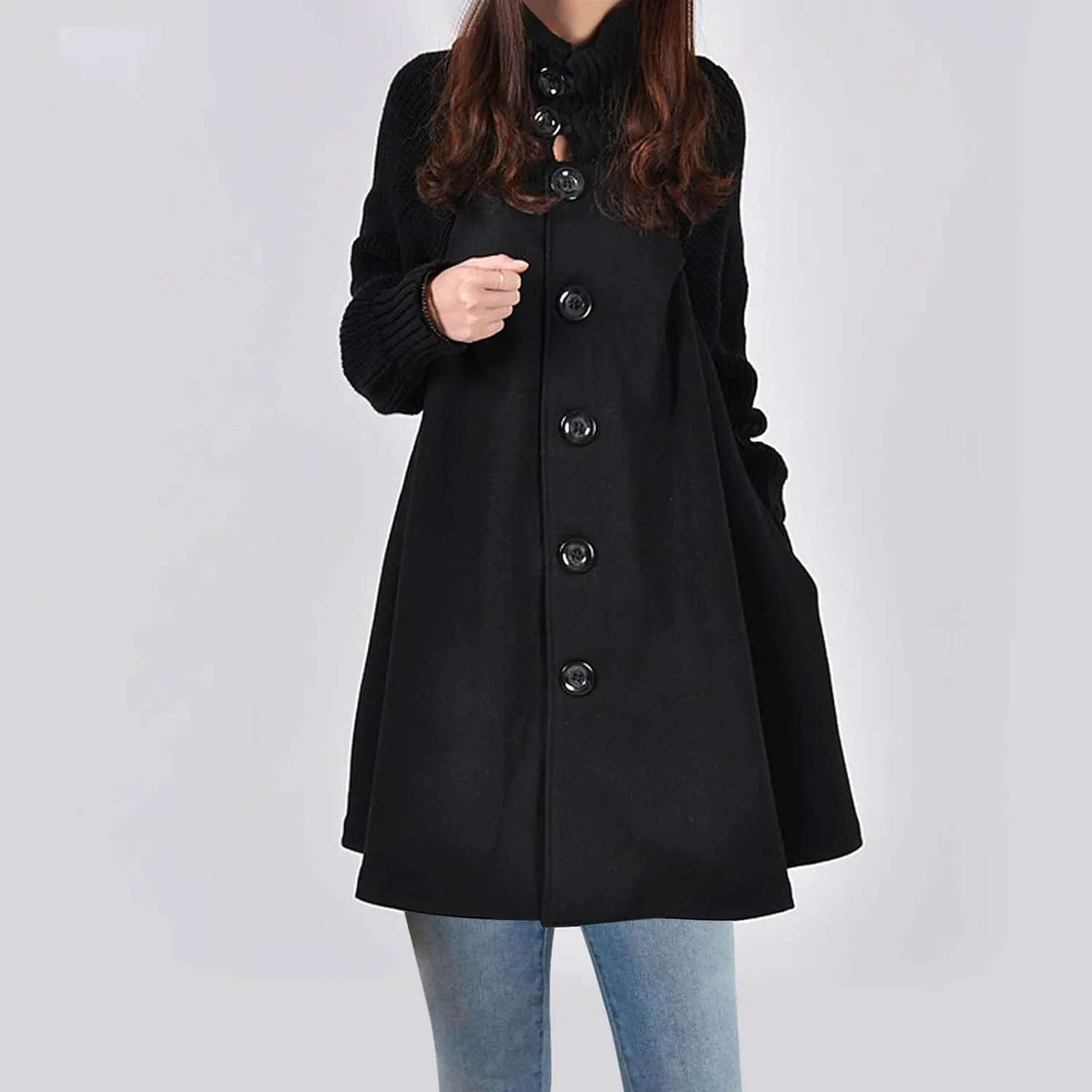 Trench Coat For Women 2024 Mid Length Fashion Button Down Long Sleeve Loose Pea Coat Solid Color Casual Winter Coat