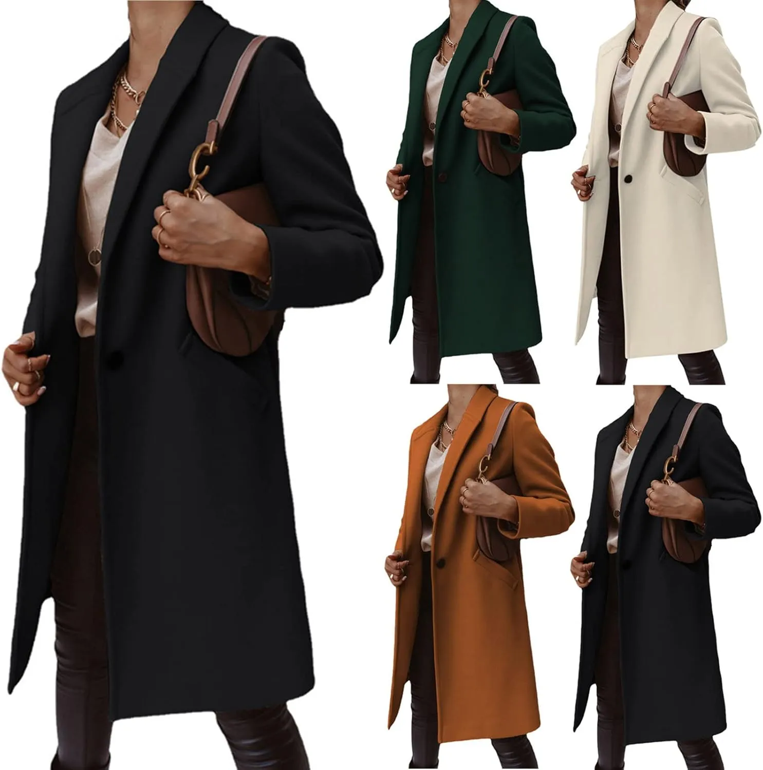 Trench Coat for Women 2024 Single Breasted Wool Pea Coats Causal Notch Lapel Windproof Long Overcoat Outwear