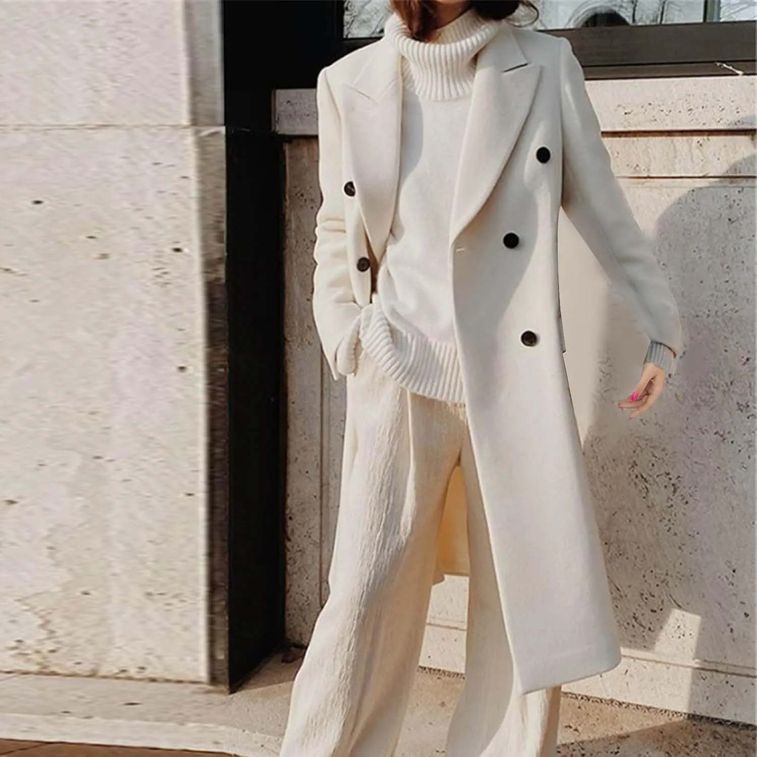 Trench Coat for Women 2024 Winter Open Front Wool Coat Casual Notch Lapel Mid-Long Peacoat Jackets With Belts