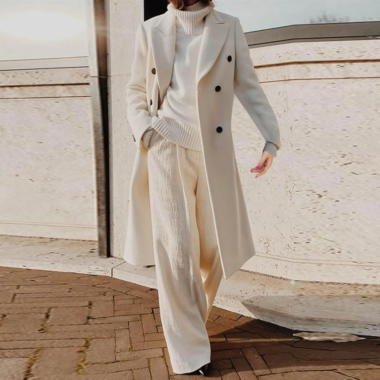 Trench Coat for Women 2024 Winter Open Front Wool Coat Casual Notch Lapel Mid-Long Peacoat Jackets With Belts
