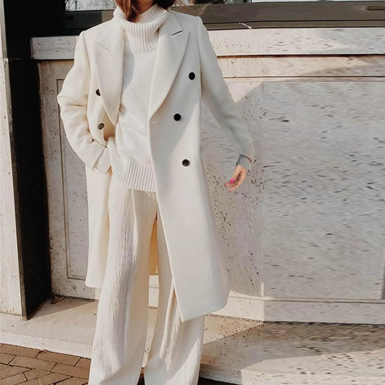 Trench Coat for Women 2024 Winter Open Front Wool Coat Casual Notch Lapel Mid-Long Peacoat Jackets With Belts
