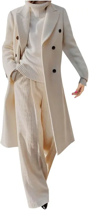 Trench Coat for Women 2024 Winter Open Front Wool Coat Casual Notch Lapel Mid-Long Peacoat Jackets With Belts
