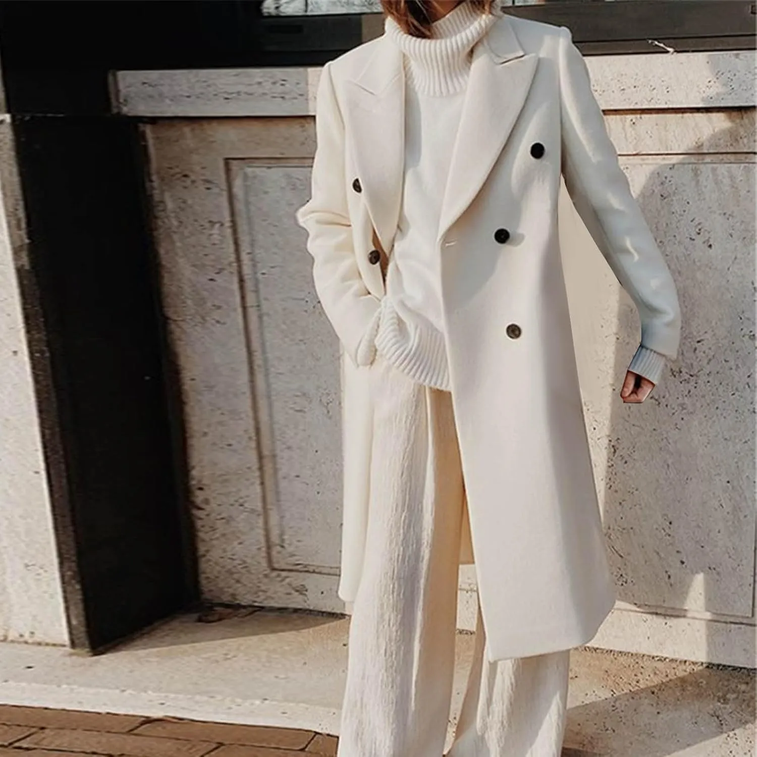 Trench Coat for Women 2024 Winter Open Front Wool Coat Casual Notch Lapel Mid-Long Peacoat Jackets With Belts