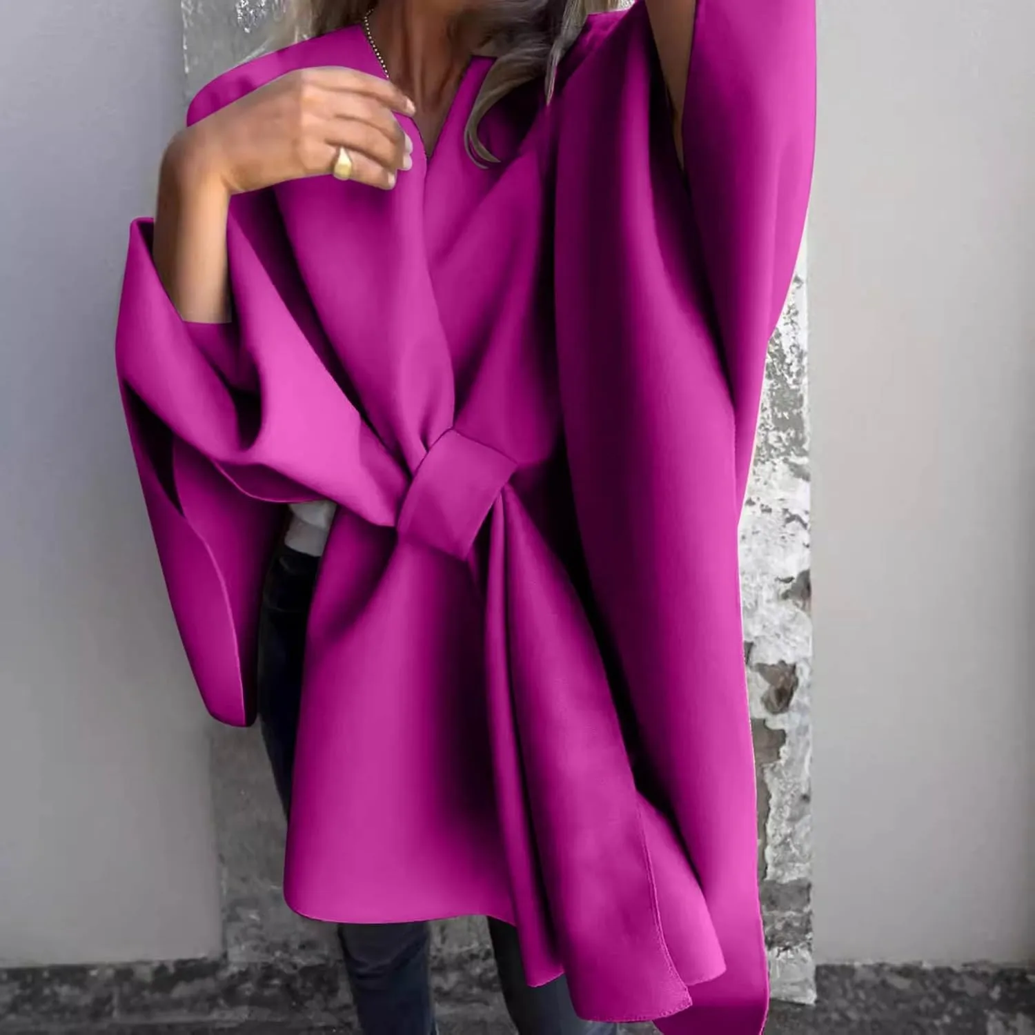 Trench Coat Women Oversized Cardigans V Neck Bat Sleeve Jackets Solid Color Fall Pea Coats Windproof Overcoat