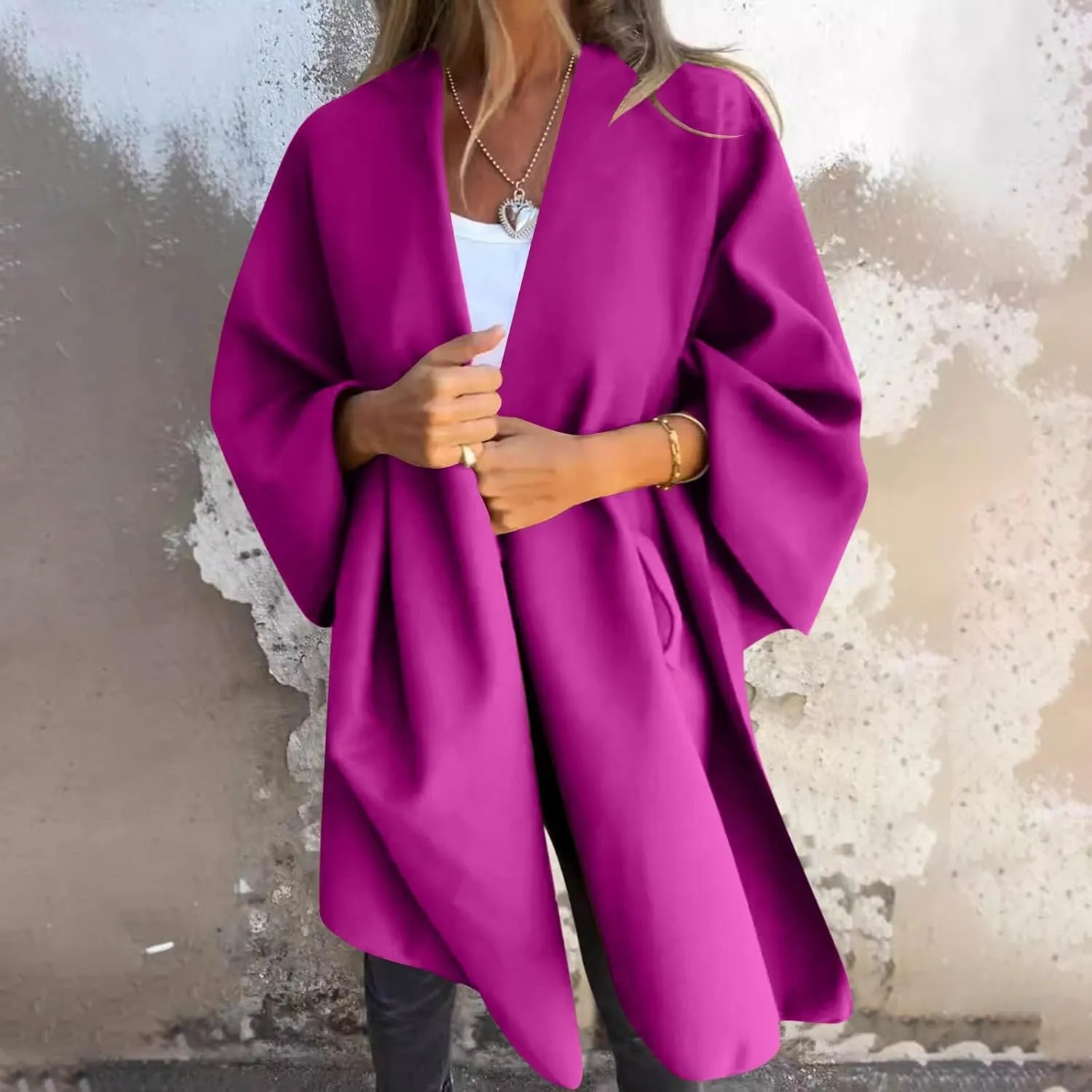 Trench Coat Women Oversized Cardigans V Neck Bat Sleeve Jackets Solid Color Fall Pea Coats Windproof Overcoat