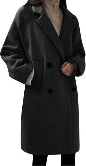 Trench Coats for Women Casual Double Breasted Notched Lapel Wool Coats Winter Warm Oversized Long Pea Coat Jackets