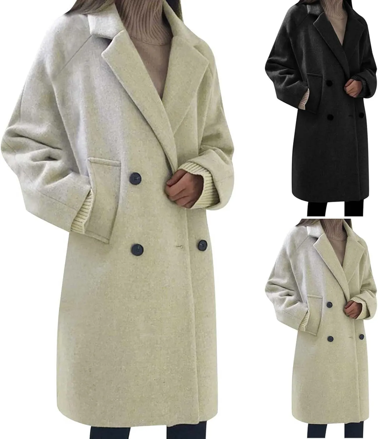 Trench Coats for Women Casual Double Breasted Notched Lapel Wool Coats Winter Warm Oversized Long Pea Coat Jackets