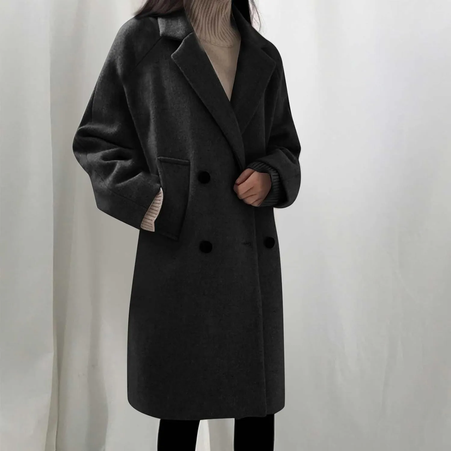 Trench Coats for Women Casual Double Breasted Notched Lapel Wool Coats Winter Warm Oversized Long Pea Coat Jackets