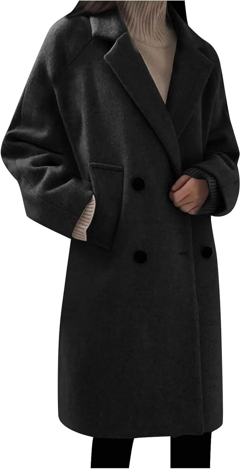 Trench Coats for Women Casual Double Breasted Notched Lapel Wool Coats Winter Warm Oversized Long Pea Coat Jackets